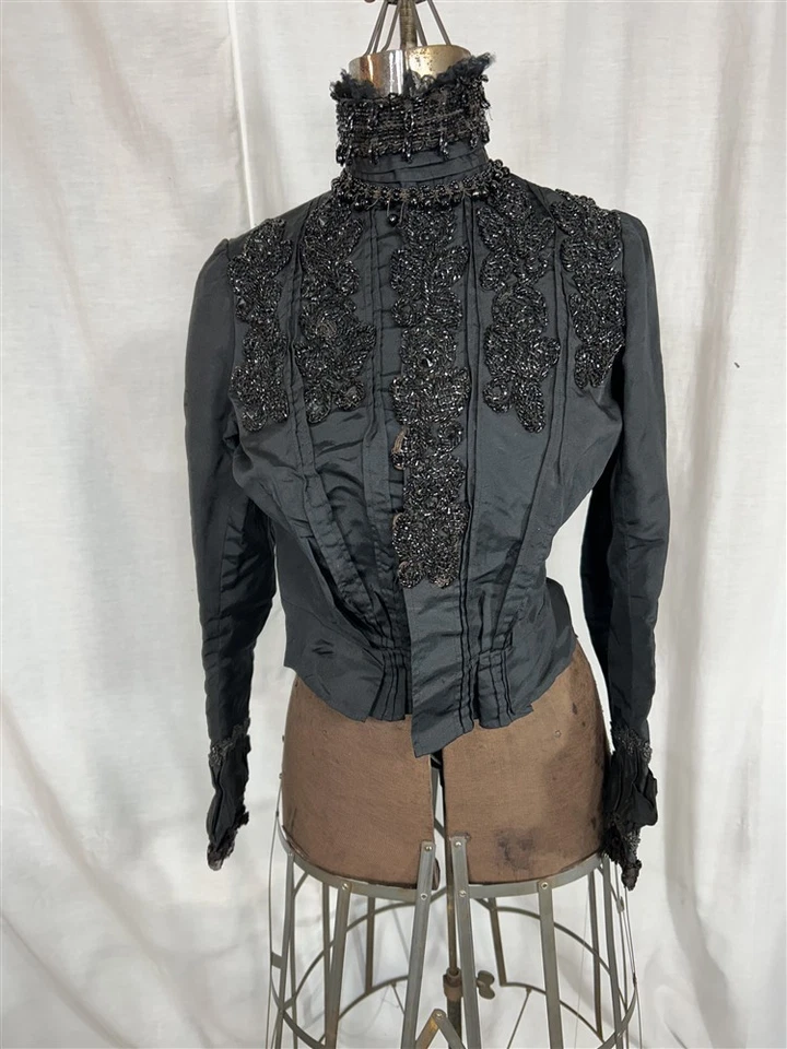 antique bodice blouse black heavily jet beaded gabardine bust original 19thc  - Image 2 of 4