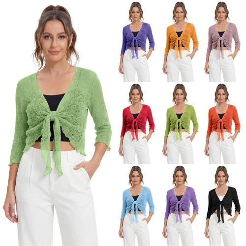 Womens Tie Up Open Front Shrug Ladies Knitted Cropped Bolero Short Cardigan Top