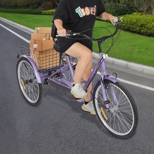 Triciclo 24in F��r Adulti 7 Velocità Anziani 3 Ruote Bicicletta Con Cestino della Spesa Viola