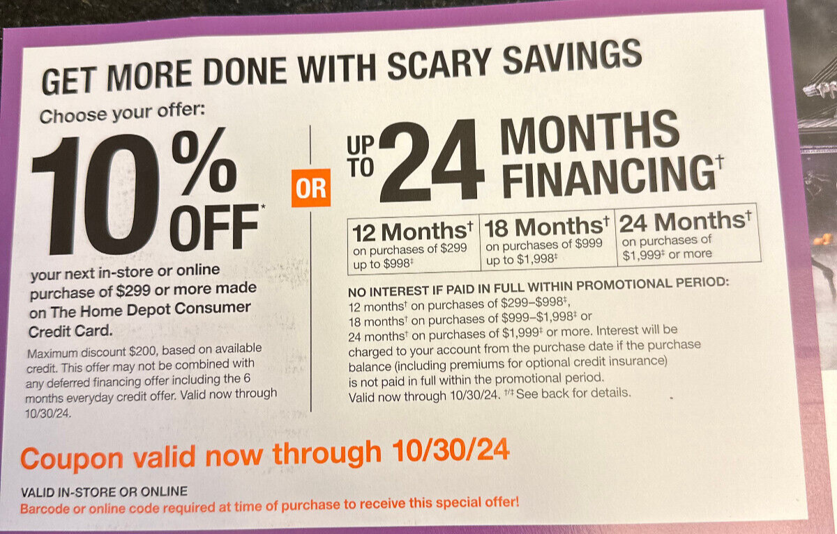 [EXP 10/30/24] 10 OFF Home Depot Coupon Online/Instore SAVE 200 eBay