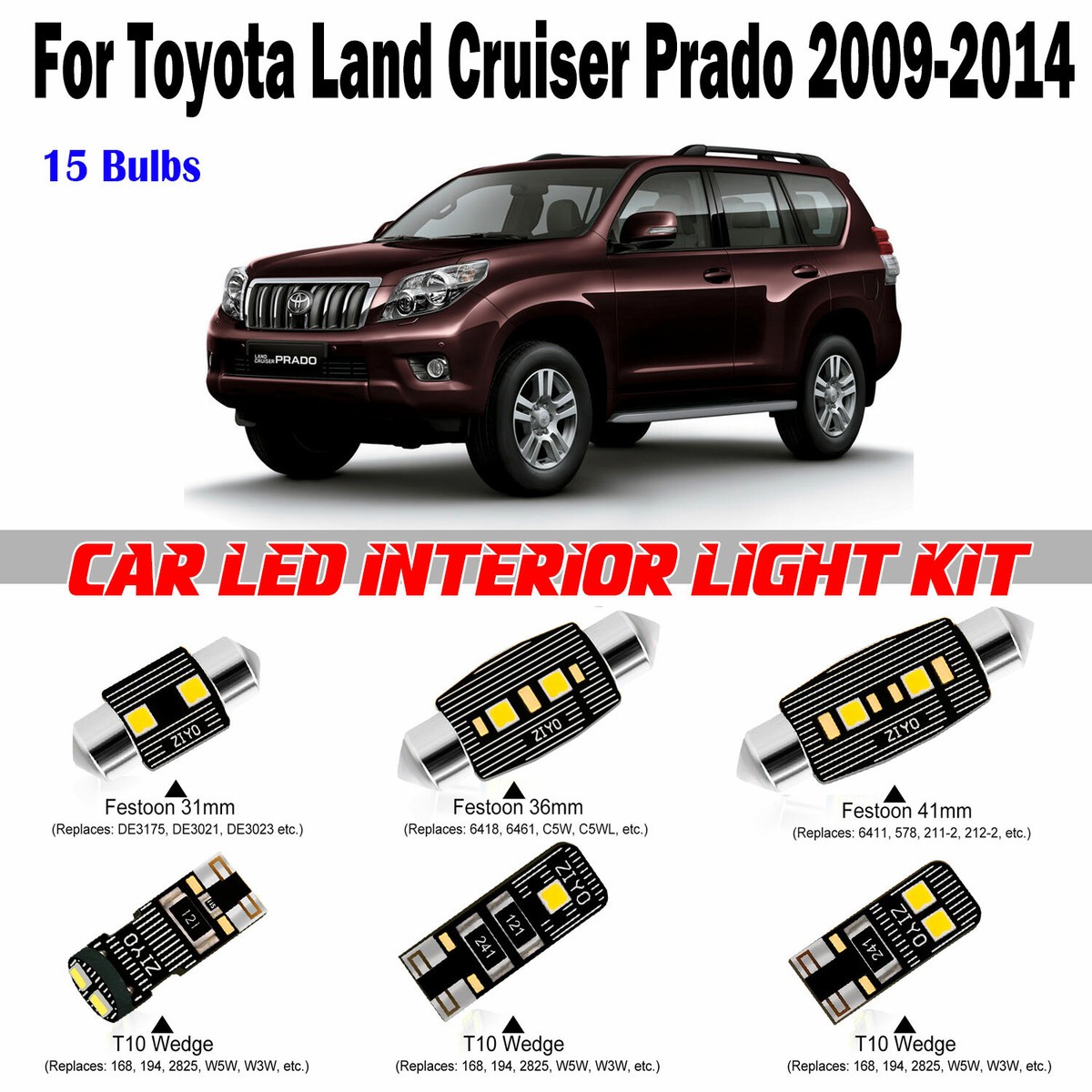 15pcs Xenon White LED Interior Light Kit For Toyota Land Cruiser