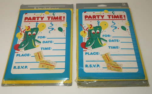 Gumby PARTY TIME! Vintage Party Invitations 2 Packs/8 Amscam 1988 - Picture 2 of 3