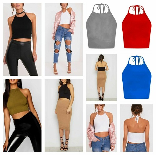 New Womens Ladies Tie Up Halter Neck Plain Crop Top Sleeveless Vest T Shirt  Tops | eBay