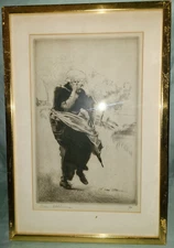 Salomon Van Abbe signed & numbered framed drypoint etching, woman on a windy day