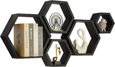 Set of 5 Hexagonal Floating Shelves Wall Mounted Storage Rack Wall Hanging Decor