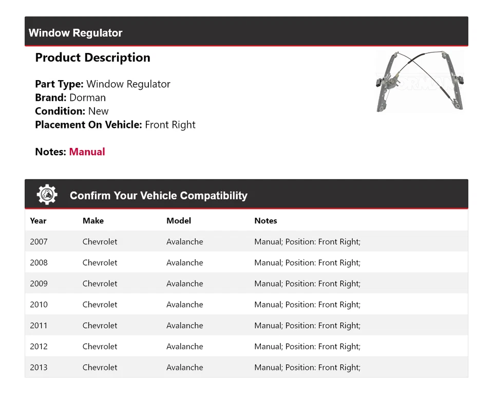 Регулятор переднего правого окна для Chevrolet Avalanche Dorman 2007-2013 годов выпуска 2008 2009 годов выпуска - Изображение 2 из 4