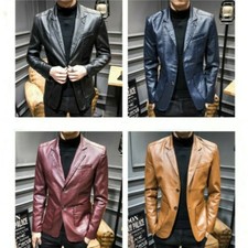 Men Blazer Leather Jacket Formal Dress Business Coat Wedding Motor Slim Fit