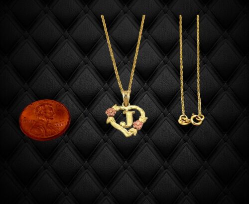 10K Solid Yellow Gold Necklace Heart Initial Pendant With Singapore chain - Picture 6 of 10