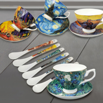 Luxury Bone Porcelain China Tea Cups Coffee W/Saucers Van gogh Painting Gifts
