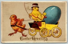 Postcard~ Easter~ Chicks Driving Egg In Stagecoach~ Driver In Top Hat