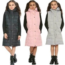 Girls Kids Long line Gilet Hooded Lined Body Warmer Sleeveless Jackets 5-14 yrs