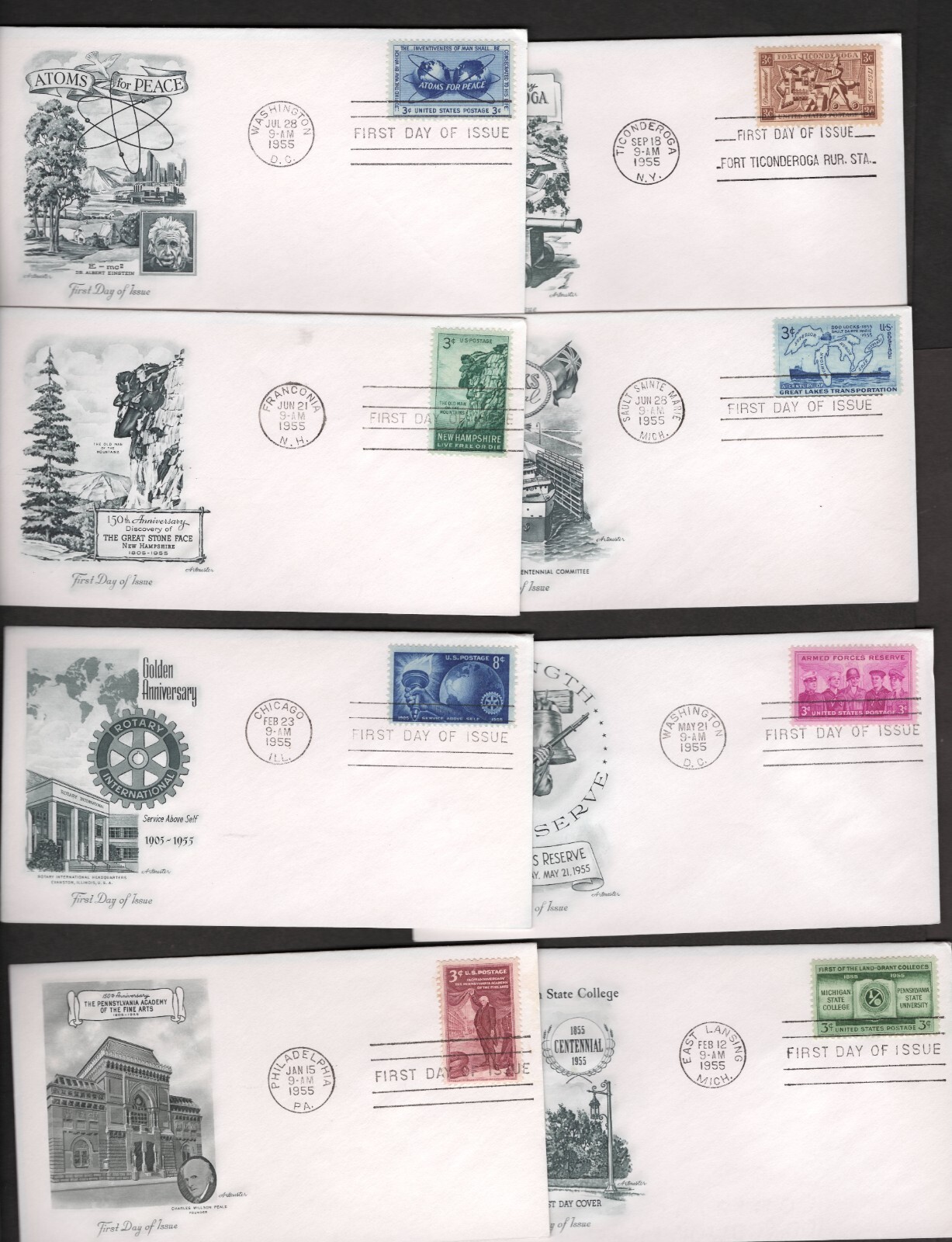 8 1955 Commemoratives FDCs Scott # 1064-1071