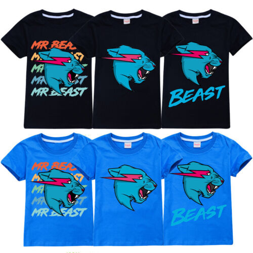 New Mr Beast Lightning Cat Kids Casual Short Sleeve 100% Cotton T-shirt Tops UK  - Afbeelding 1 van 13