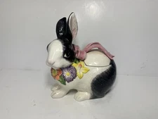Vintage Fitz Floyd Pansy Parade 1995  Rabbit Cookie Jar Hand painted (77)