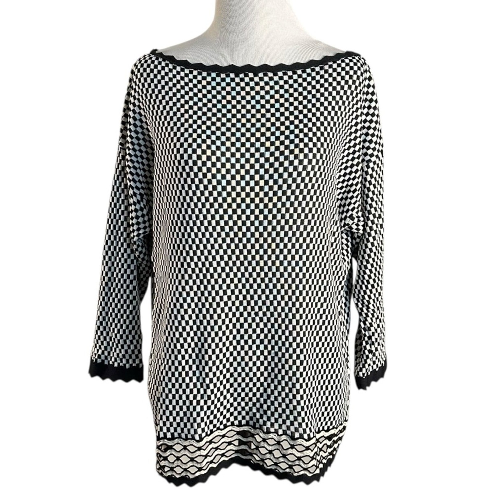 Jean Paul Gaultier, Maglione tunica vintage Jean Paul Gaultier Fuzzi nero bianco a quadri taglia large