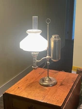 Antique Manhattan Brass Co Single Arm Student Oil Lamp Milk Glass Shade