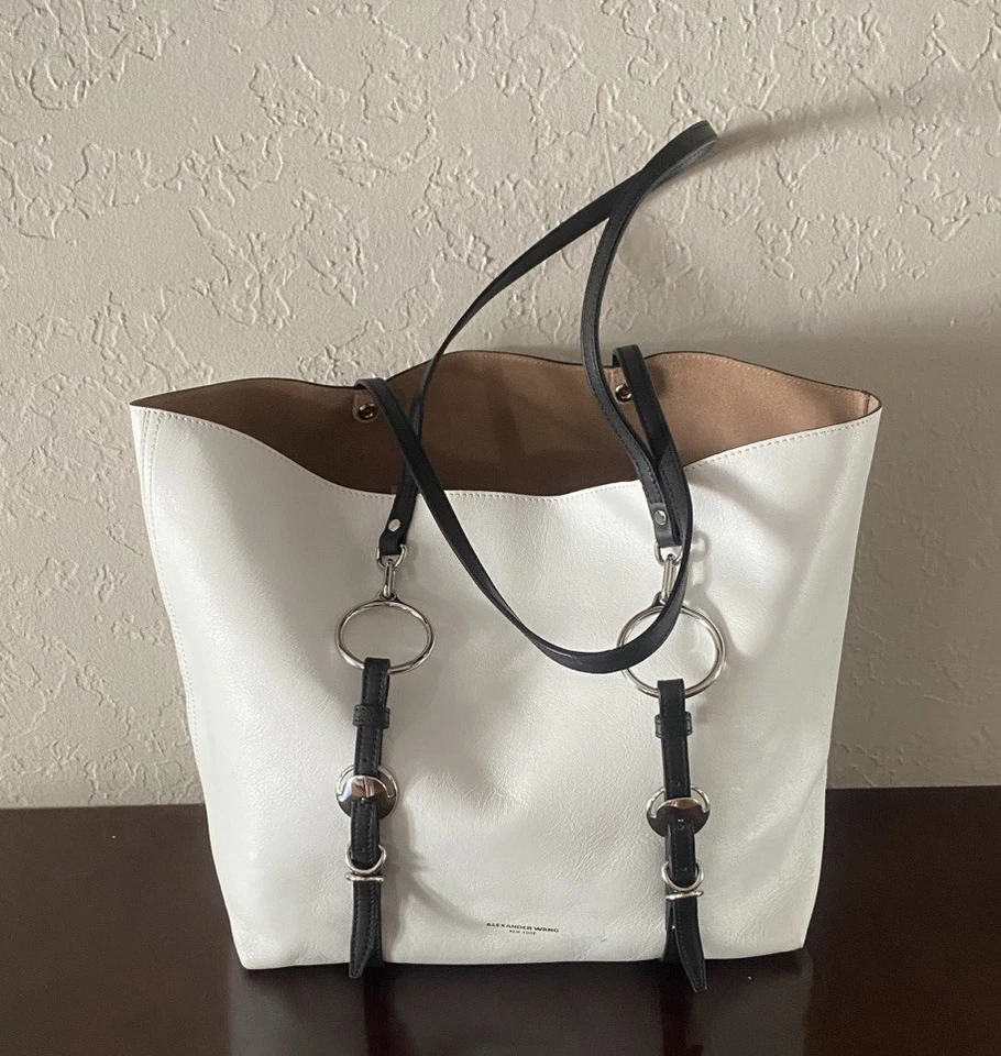 ALEXANDER WANG ACE 大号托特包购物袋白色皮革黑色饰边罕见 795 美元 — 第 3/4 张图片