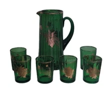 MCM Green w/Gold Flowers Bohemia Glass Pitcher and 6 Matching Tumblers⚜️