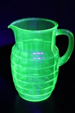 Vintage Uranium Glass Depression Ribbed Banded 8" Pitcher
