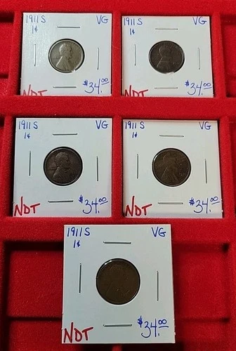 1911 S Lincoln Wheat 1c Cent Lot of 5 Coins All VG Very Good