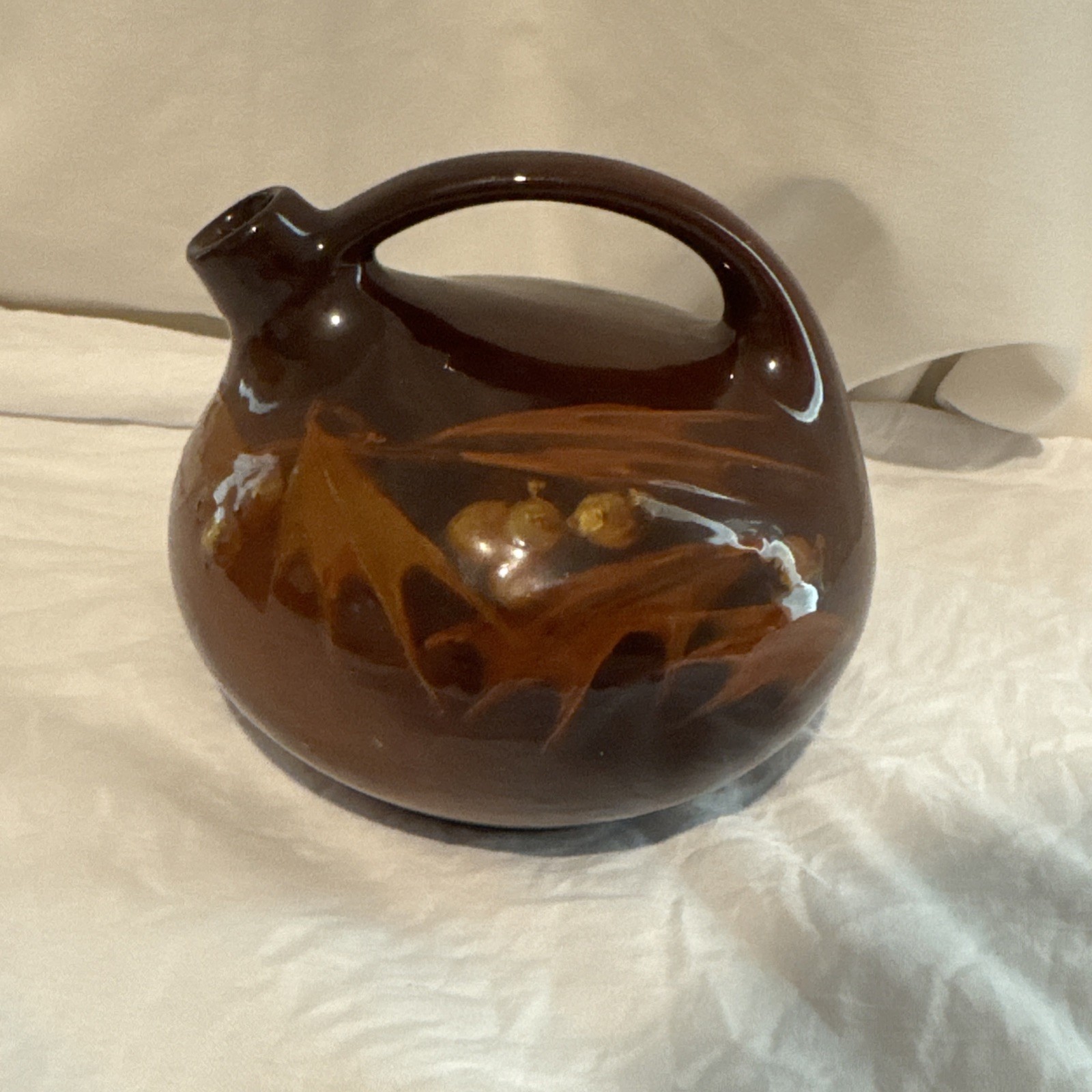 Roseville Rozane Royal Dark #888, 4.5” Ball Jug Vase. Signed Lilly Mitchell ‘LM’