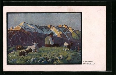 artist postcard signed Junghanns: Shepherd with goats on the alp 