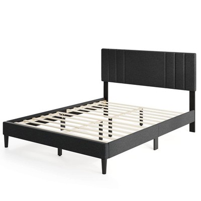 Queen Size Bed Frame with Vertical Channel Tufted Headboard & Wooden Slats