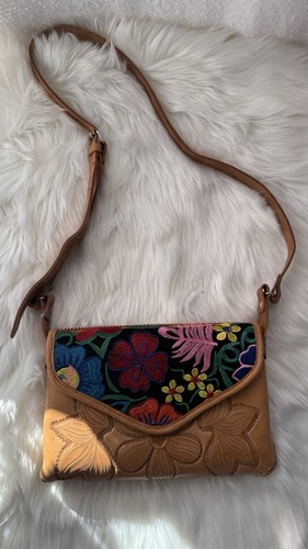 Brown Leather Floral Embroidered Crossbody Bag