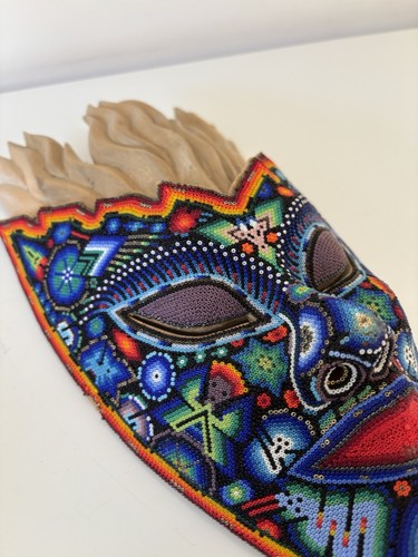 Vintage c.1980’s Mexican Huichol Indian wood BEADED MASK EUC LG 12” - Bild 4 von 7