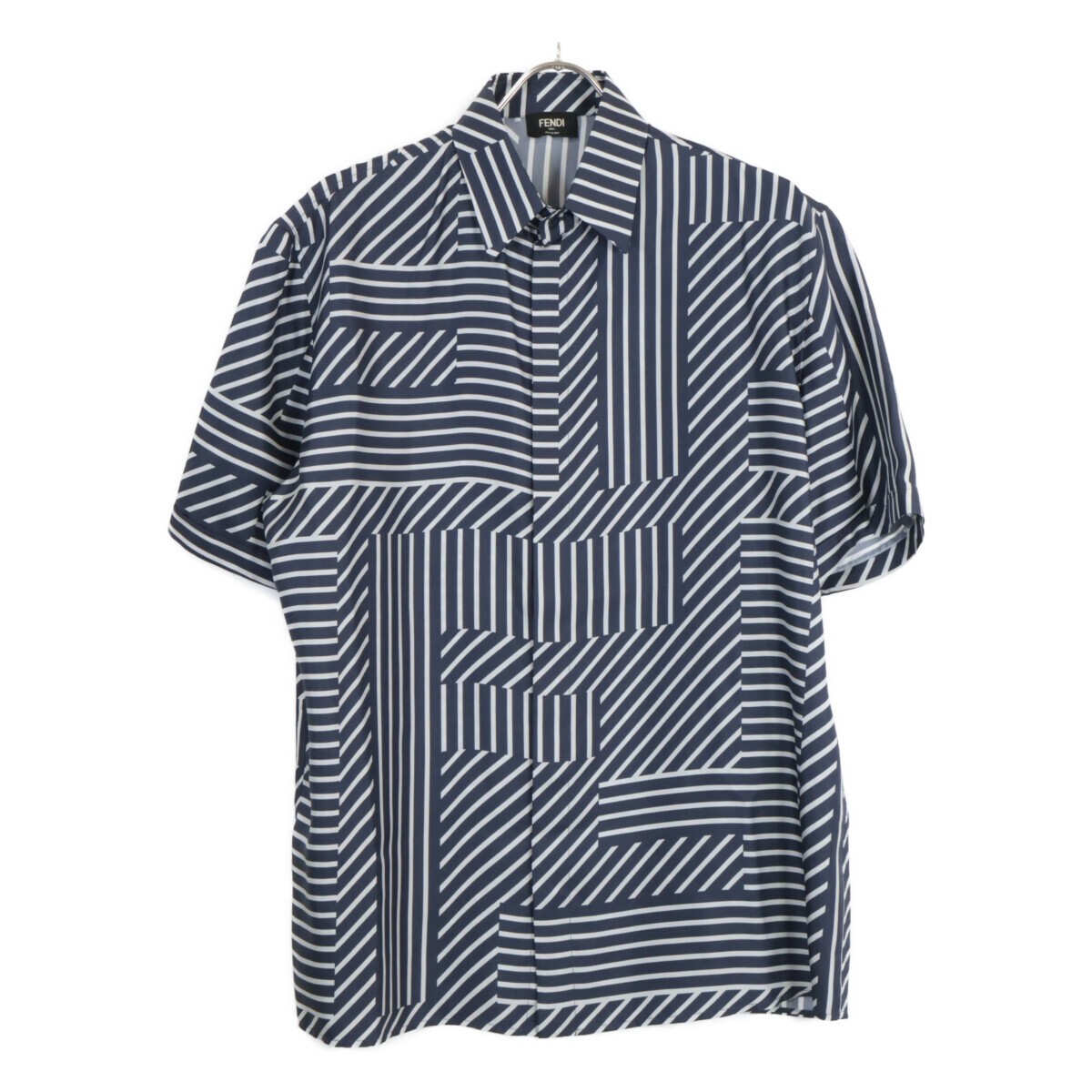 genuine 2023 FENDI FS0795 APQG Silk FF pattern x Stripe S S shirt Top 38 Navy thumbnail 2