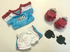 Build A Bear Soccer Uniform Blue White Red Shirt Shorts Shoes Knee Pads Outfit