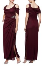 Brand New Alex Evenings Wine Long Cold Shoulder Dress style 132902 sz 8 144