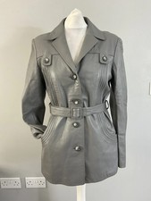 VTG ladies grey leather jacket collared belted pockets button UK 10 elegant