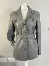 VTG ladies grey leather jacket collared belted pockets button UK 10 elegant