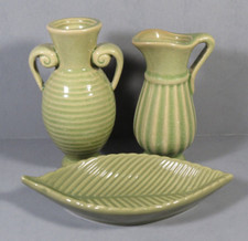 Mini Vases & Mini leaf Dish Set Sage Green Pottery Intentional Crazing 4.5"x5.5"