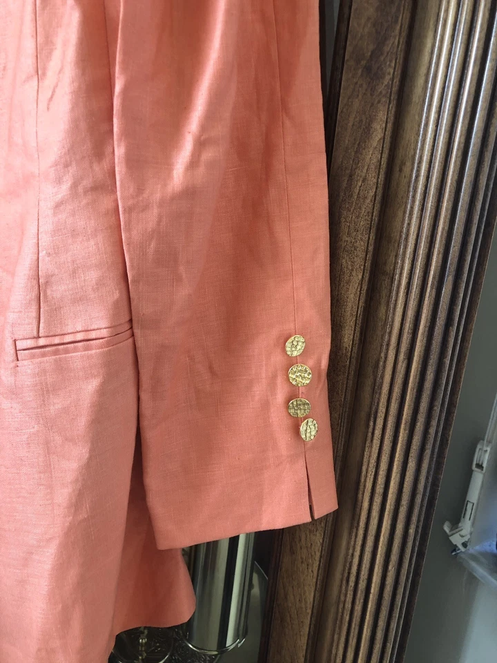 Traje con Falda Bloomingdales Naranja Coral Lino Talla 4 Falda Botones Dorados De Colección NUEVO Foto 4 de 4