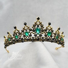 Green Crystal Princess Tiara Crown Wedding Bridal Party Pageant Antique Gold 301