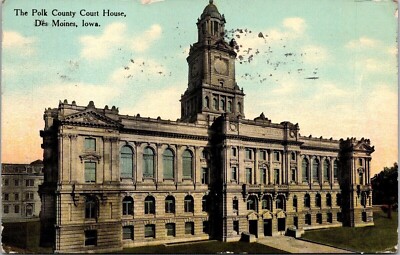 Polk County Court Houe Des Moines Iowa IA Antique Postcard DB Cancel PM WOB Note