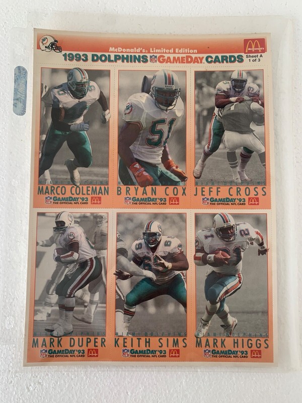 1993 McDonald Limited Edition Fleer Miami Dolphins Uncut Collectors Cards