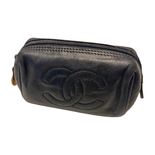 CHANEL Matelasse Mini Accessory Pouch Coco Mark Black Leather Vintage Used - Picture 1 of 8