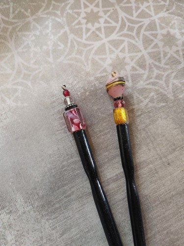 Vintage LOT qty 2 accessory hair stick wood Italian art glass beads pink - Picture 2 of 5