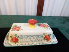 Beautiful Pioneer Woman Stoneware Floral Designed Handled Covered Butter Dish