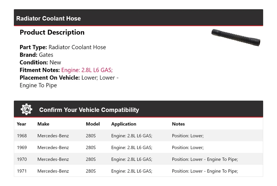 适用于 1968 - 1971 梅赛德斯-奔驰 280S 2.8L L6 气体散热器冷却剂软管门 1969 — 第 2/4 张图片