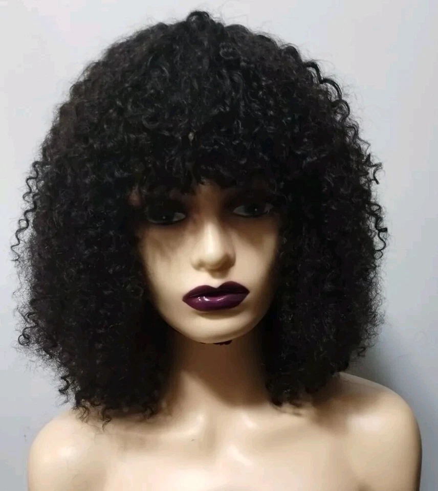 Peluca Brasileña Cabello Humano Afro Rizado Corto Bang 18 Pulgadas Foto 2 de 4