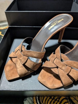 Saint Laurent Ysl Brown Suede Tribute Mule Sandal 41 Women's 85mm Heel