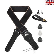 Classic Adjustable Guitar Strap with Genuine Leather Ends - Black Jacquard Weave
