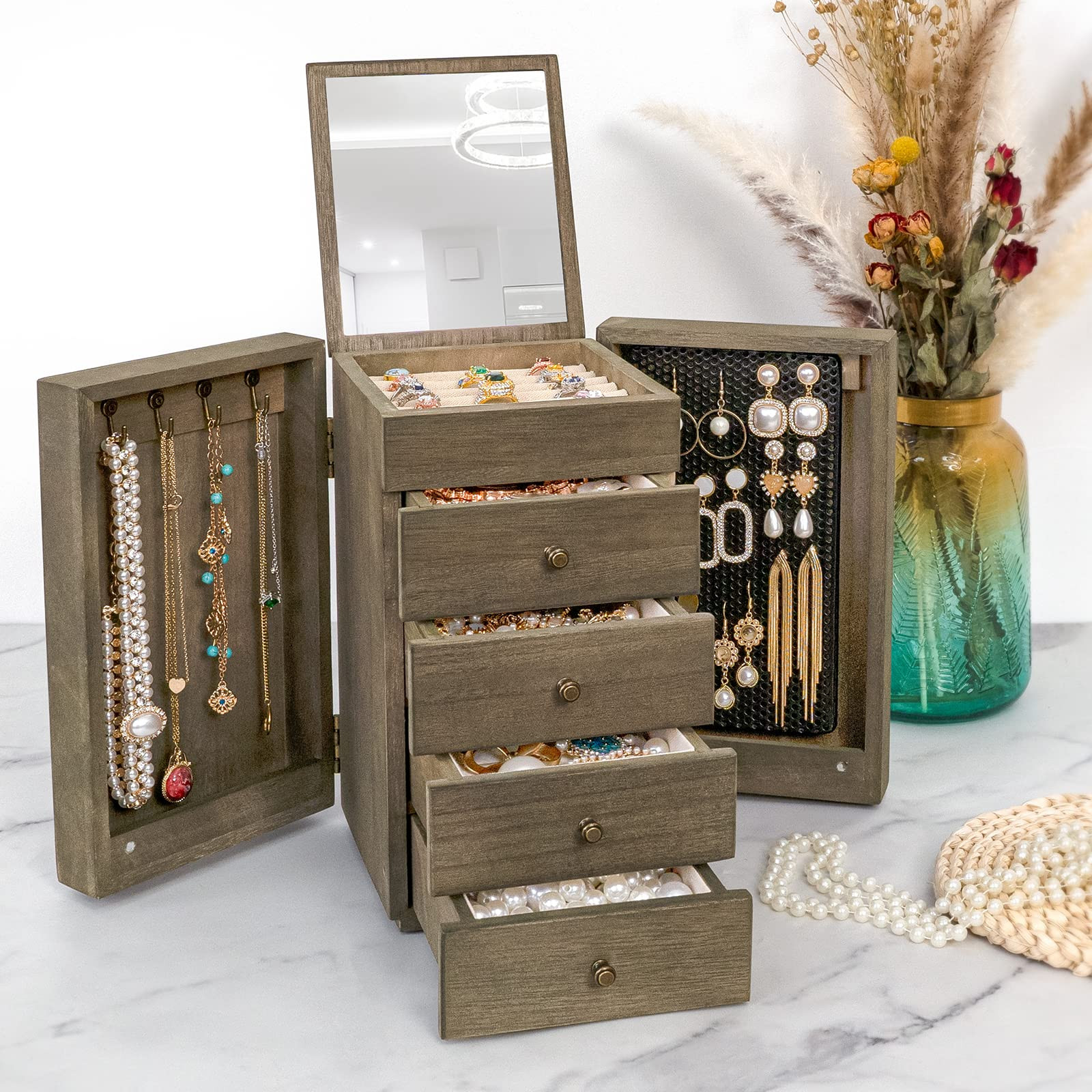 Meangood 5-Layer Wood Jewelry Box with Mirror and 4 Drawers Organizer for Women