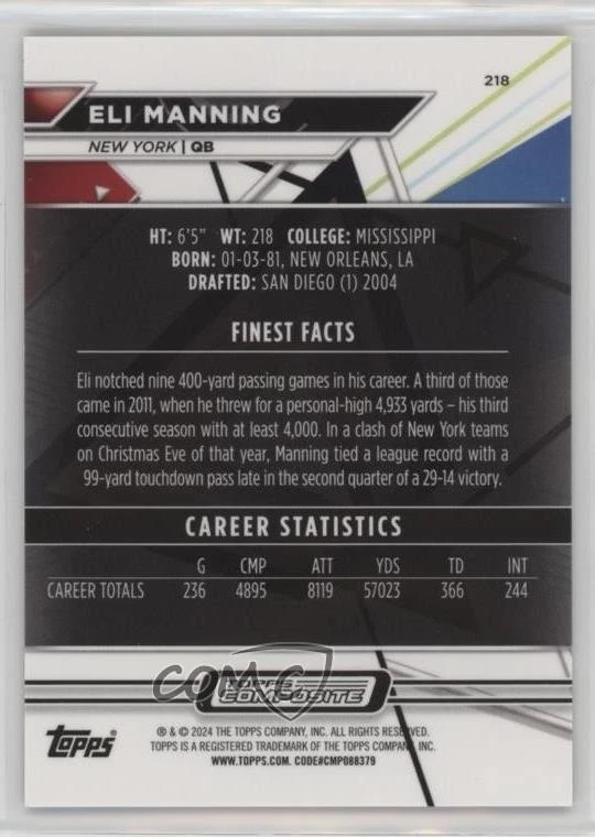 2023 Composite Topps Finest Black & Red Geometric Refractor /15 Eli Manning #218 - Image 2 of 2