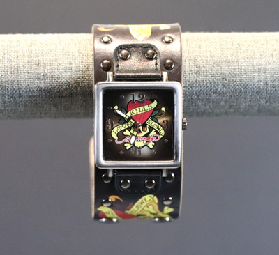 Y2K Ed Hardy Love Kills Slowly Skull Tattoo Mens Wristwatch Leather Works
