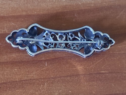 Spilla vintage in argento sterling 925 filigrana marcasite stile art deco 2,5" - Foto 2 di 8